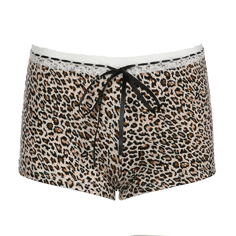 BIIKPIIK pantalones cortos con estampado de leopardo y lazo de encaje para mujer, ropa de abrigo Sexy, calzoncillos de moda, parte inferior de