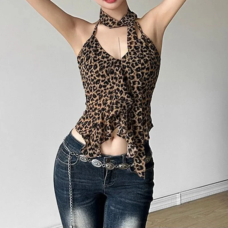 

2026 New Women Y2K Leopard Halter Tank Top Sexy Lace Up Irregular Ruffled Slim Fit Summer Camisole