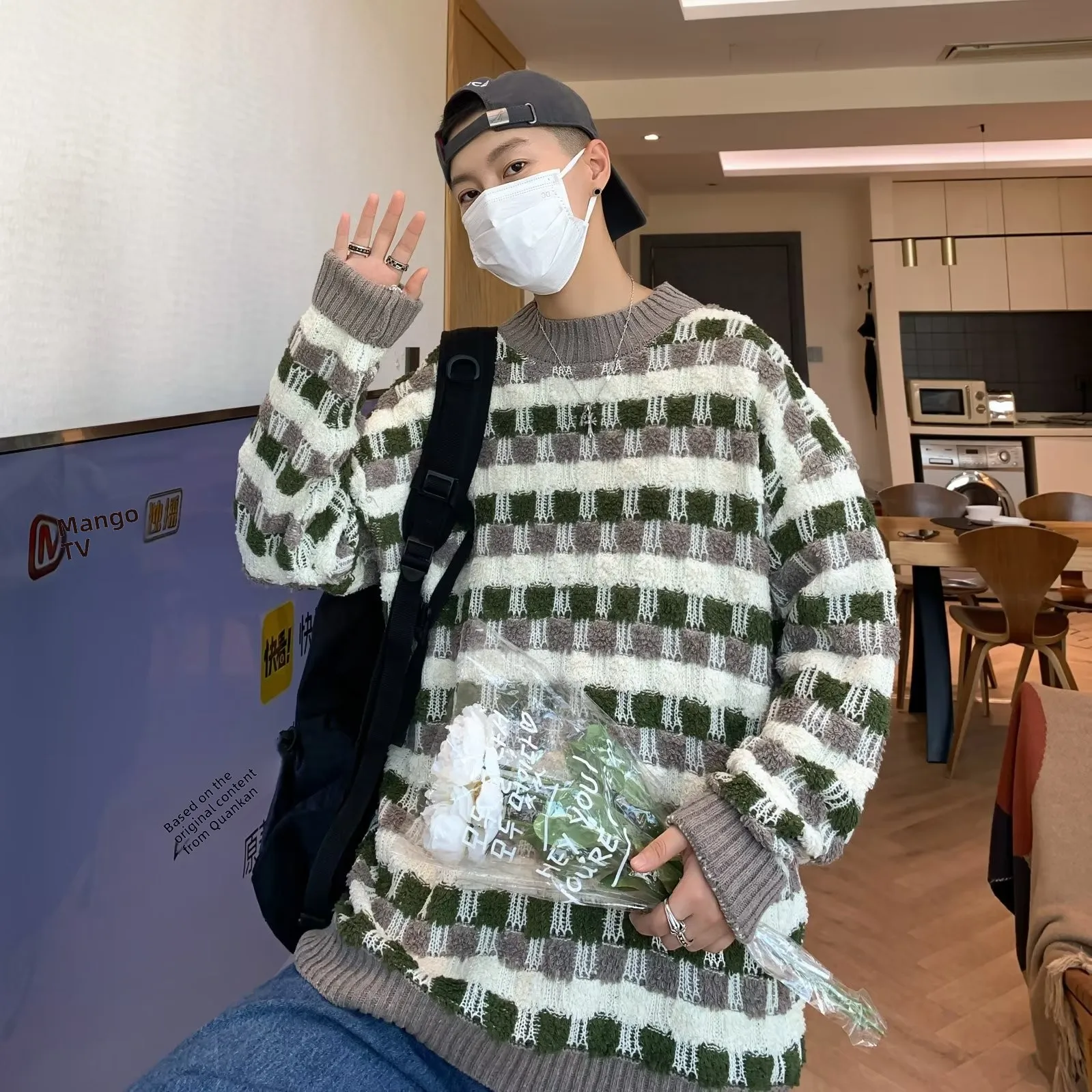 

2024, осень-зима, большой размер 250, мужской трикотаж в клетку, модная свободная модная бейсболка с длинным светом, бейсбольный воротник