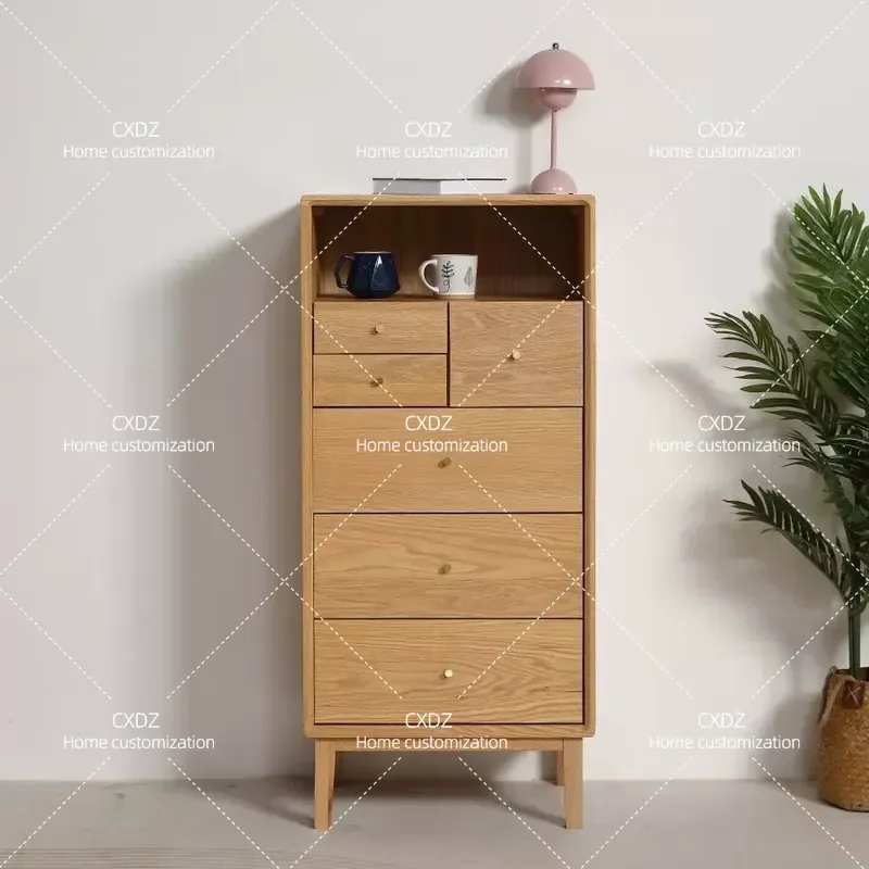 Nordic Red Oak 6 Drawer Chest Solid Wood Dresser Modern Simple Bedroom Storage Cabinet Tall 6 Tier Organizer Furniture