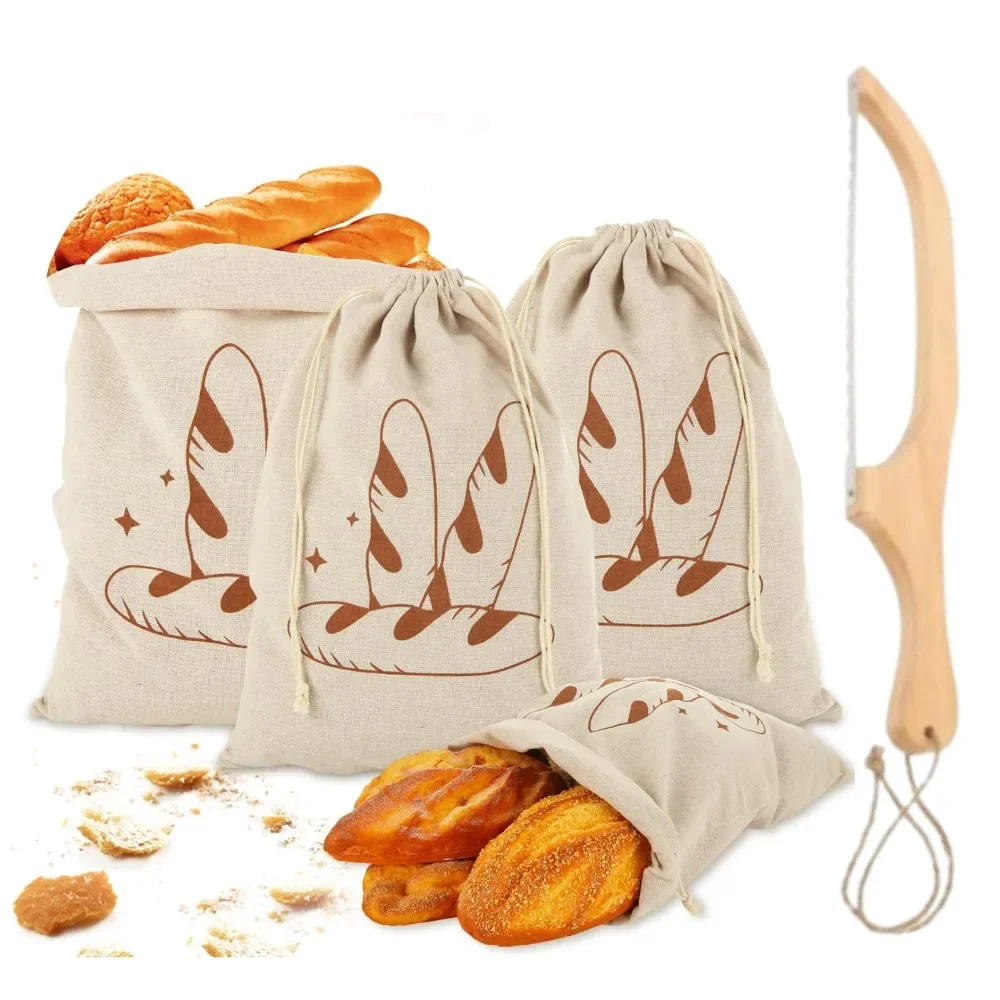 4pcs Linen Bag and Bread Cutter Unbleached Reusable Drawstring Bread Storage Bag Wooden Knife for Homemade DIY Bread Storage Bag