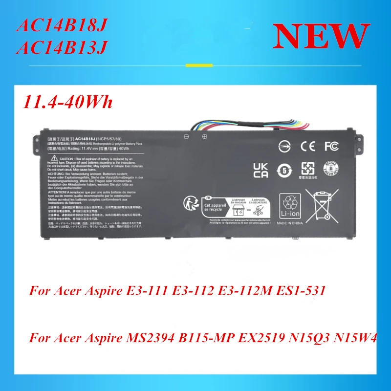 

NEW 11.4V-40Wh AC14B18J AC14B13J Laptop Battery for Acer Aspire MS2394 B115-MP EX2519 N15Q3 N15W4 E3-111 E3-112 E3-112M ES1-531