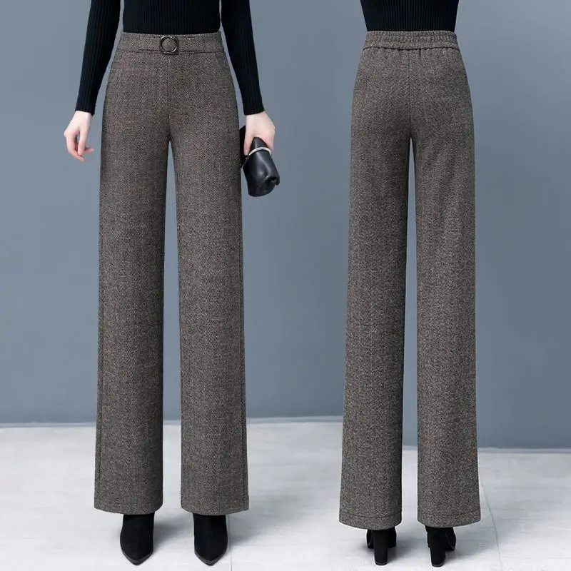 Autumn and Winter Women\'s Solid High Waist Loose Thickening Elastic Pockets Oversized Wide Leg Fashion Office Lady Trousers