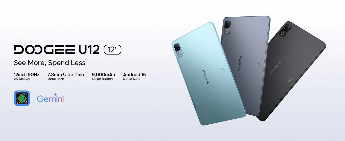 DOOGEE U12 Tablet PC Android 16 12'' S Display 24GB RAM (6GB+18GB) 128GB 9000mAh Battery UNISOC T7255 Widevine L1 Dual Dpeakers