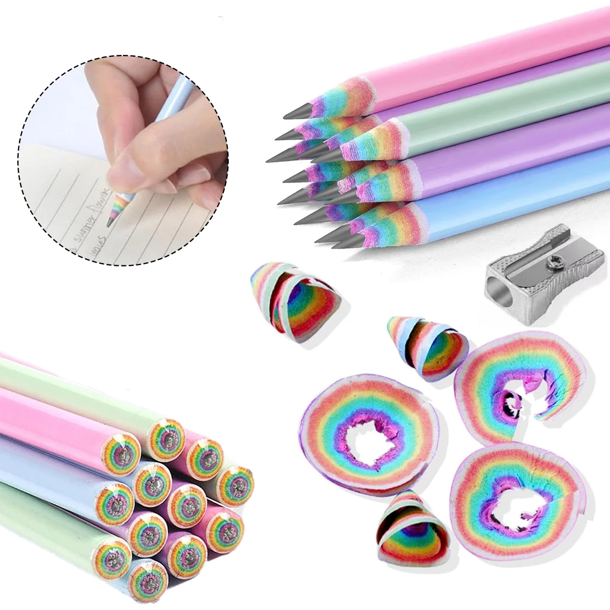 12pcs Paper rainbow pencil macaron For Kids Cute Roll paper pencil Painting Art Office&School Supplies Stationery