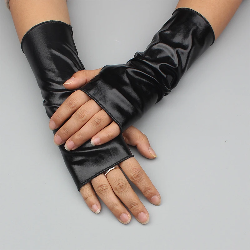 Women Men Punk style Fingerless Gloves short Shiny Patent Leather Party show Dancing Gloves Gold Silver Rock Driving Mittens