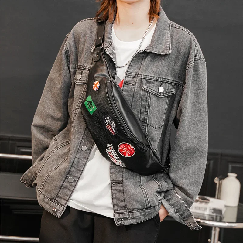 Fashion Badge Chest Bag Men Women Shoulder Bag Korean Style Waist Bag Hobos Mens Crossbody Sling Bags PU Leather Men Chest Bag