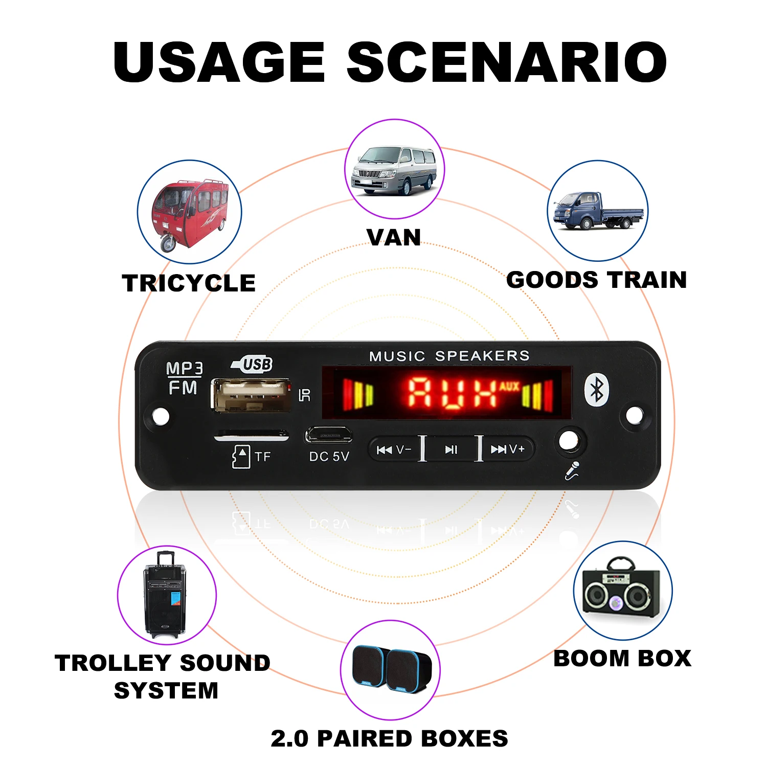 2*20W Erősítő hifi DIY MP3 Dekódoló Kapcsolótábla 12V 40W Hang áram Bluetooth 5.0 autó Fermium Rádióadó Modul TF USB handsfree Parancskihirdetés Rekord