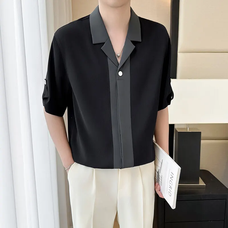 2025 Summer Splicing Ice Silk Cuban Collar Shirt Men Half Sleeve Loose Casual Shirts Fashion Vacation Hawaii Streetwear Shirt
