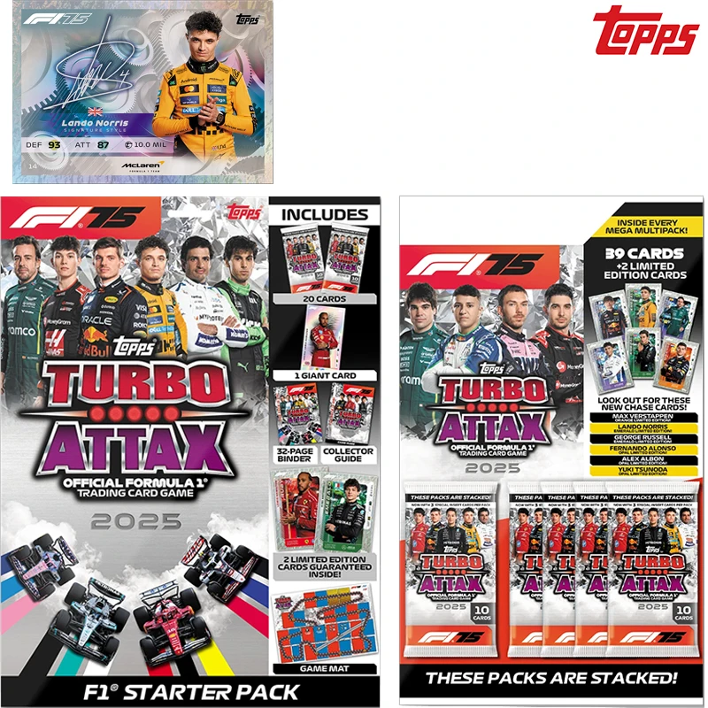 

Новинка 2025 года Topps Turbo Attax Formula 1, стандартный стартовый пакет Mega Multipack содержит 39 карточек плюс 2 случайные карты ограниченного выпуска