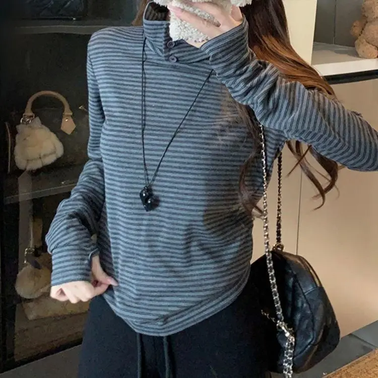 Neploe Korea Chic Stripe Long Sleeve Turn-down Collar T-shirt New Layering Minority Loose Slim Ins Undershirt All-match Female