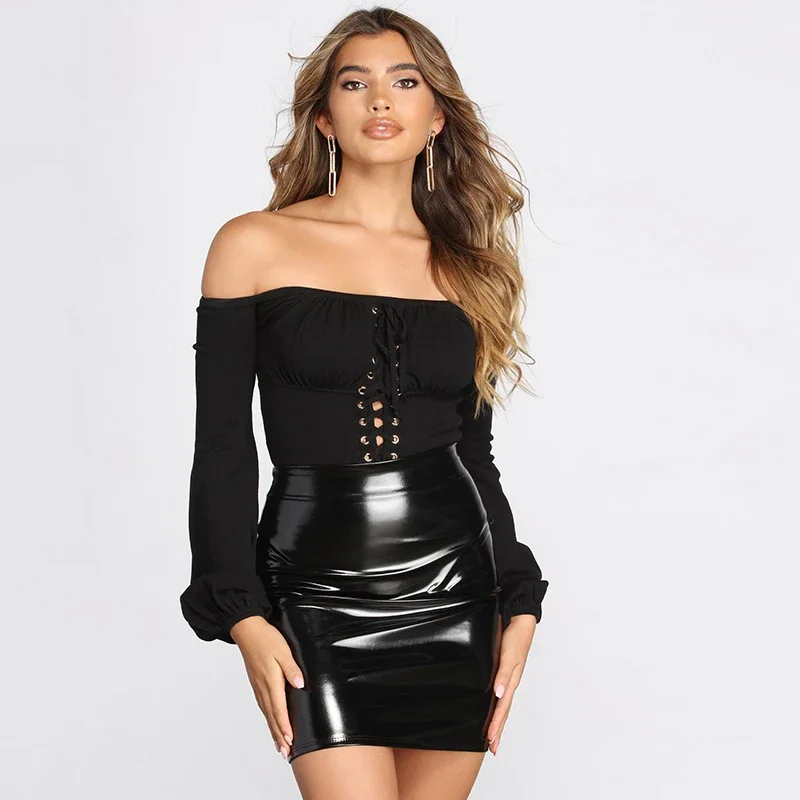 Sexy Faux Latex Mini Skirts Women High Waist Bodycon PU Leather Skirt Ladies Slim Stretchy Pencil Skirt Summer Clubwear Custom
