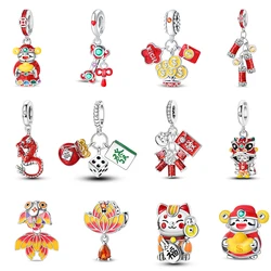 New Year Series 925 Sterling Silver Lucky Cat God of Wealth Lion Dance Koi Fish Charms Beads 3mm DIY Jewelry Gifts