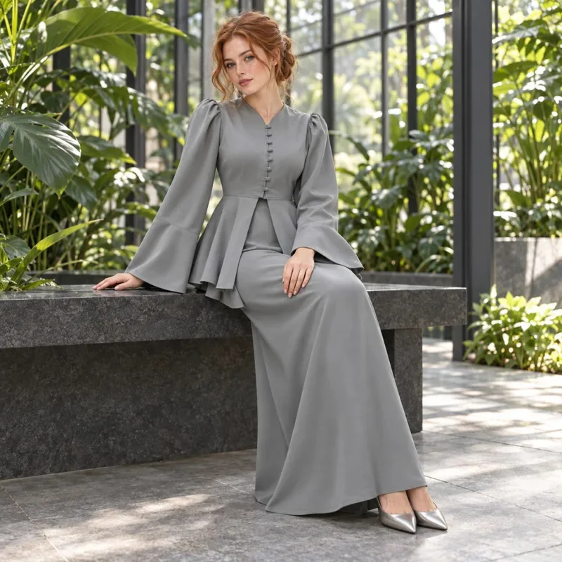 Autumn Women Elegant Two Piece Set Solid Color Cardigan Top Long Maxi Dress Lady Office Work Formal Outfit Fashion Cloth