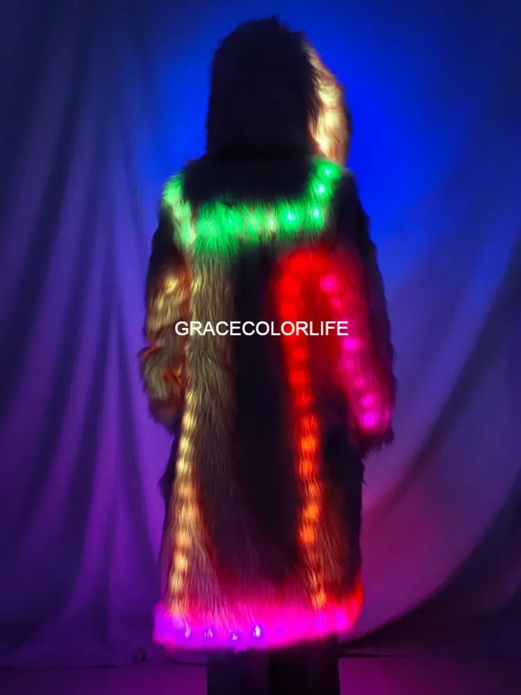 Women's Light Up LED Faux Fur Coat Rave Party Costume Club Performance Jacket Plus Size