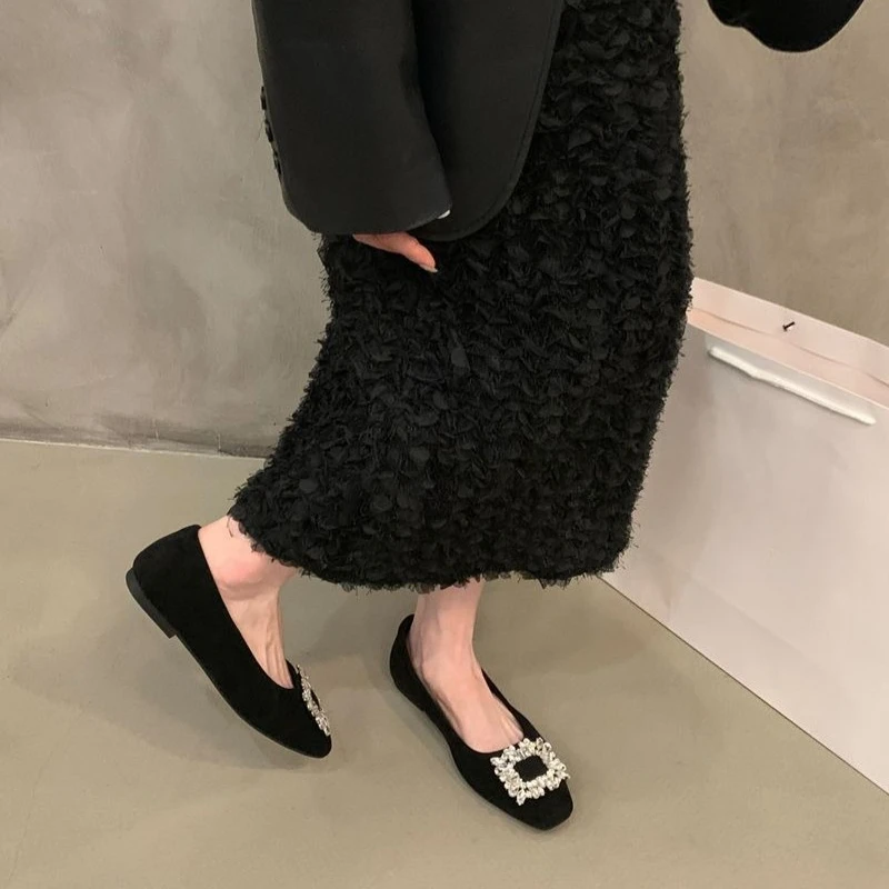 

2026 New Square Toe Flat Loafers for Women Chic Rhinestone Decor Comfortable Slip On Driving Shoes