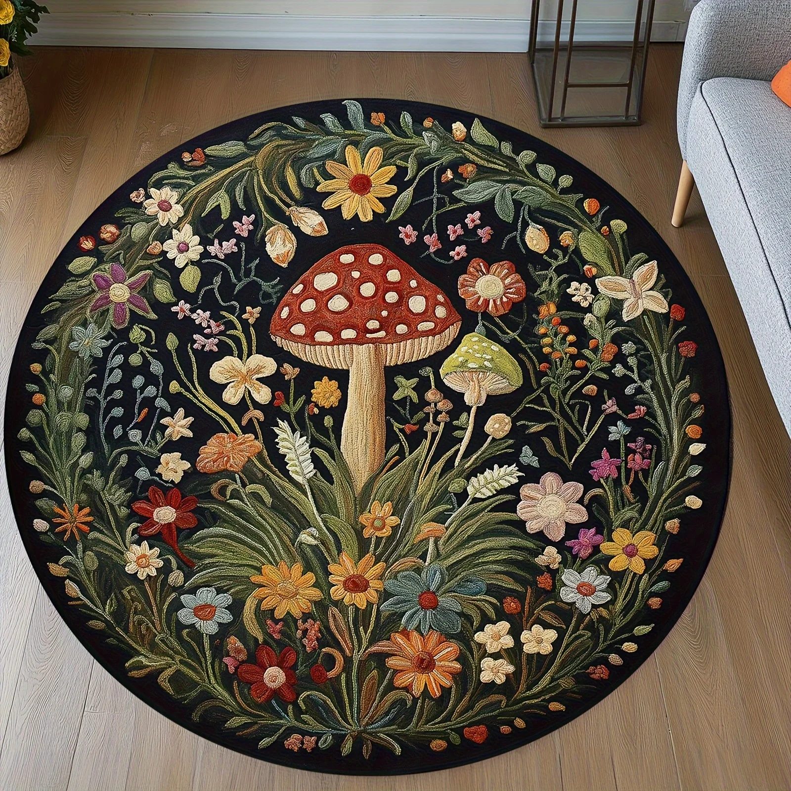 Floral Mushroom Round Rug Flancel Enchanted Forest Themed Living Room Bedroom Floor Mat Nature Inspired Home Decor Intricate
