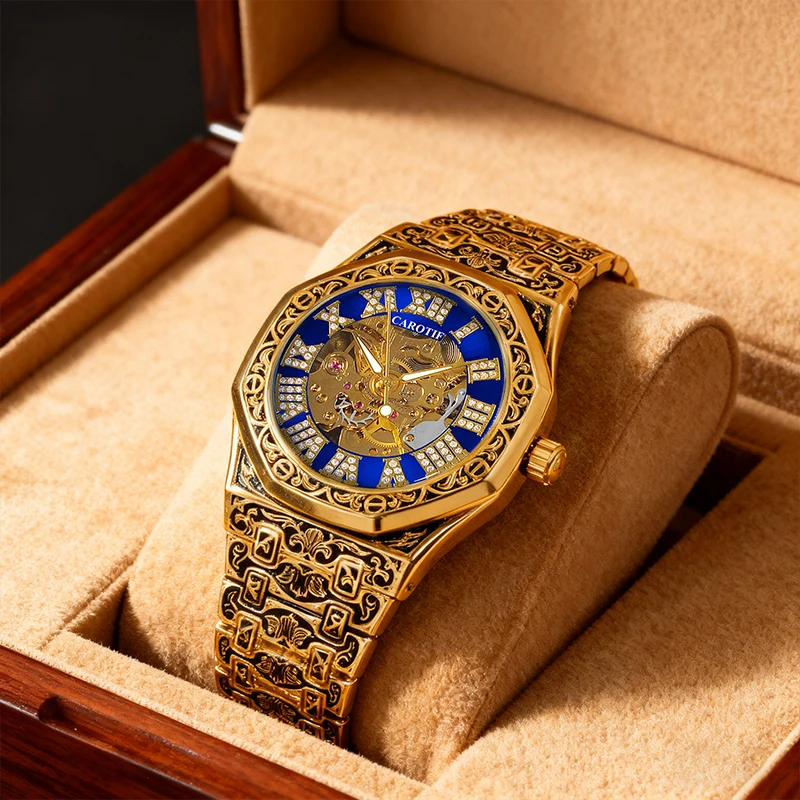 

A men's black gold steel strip light luxury business hollow strip nail fully automatic mechanical wristwatch