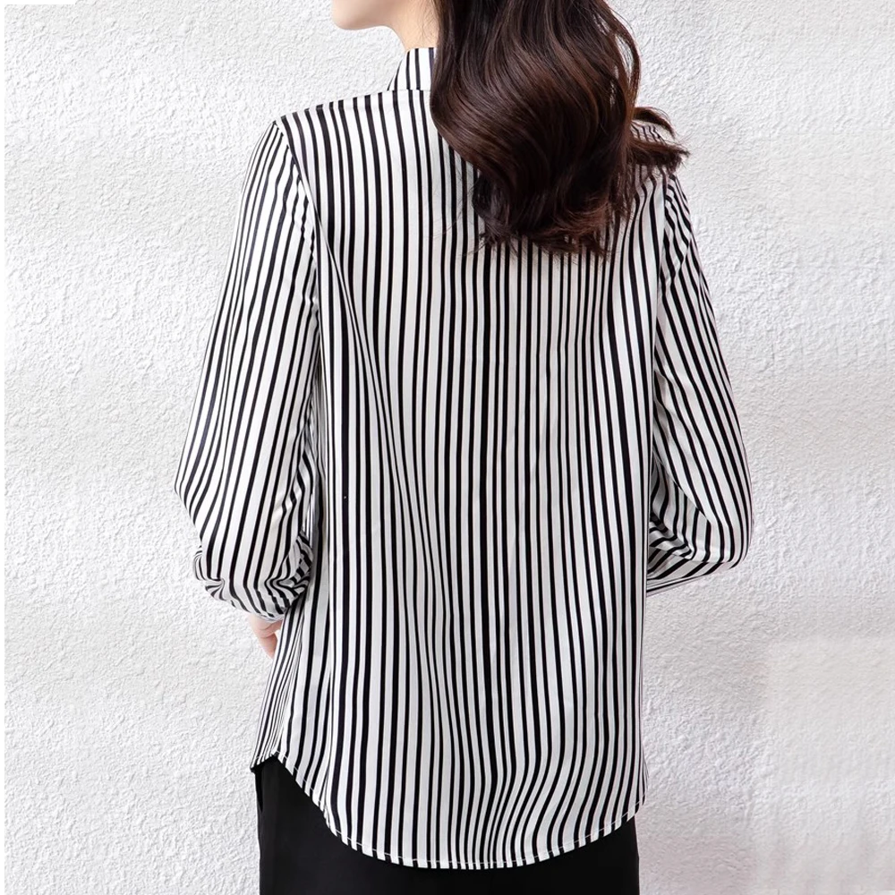 New Classic Striped Womens Shirts Fashion 2024 Women Flower Printed Satin Blouse Long Sleeve Casual Tops Mujer Blusas Feminino