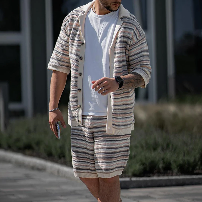 Fashion Mens Outfits Knitted Stripe Crochet Classic Two Piece Set Knit Short Sleeve Lapel Shirt and Shorts Men Suits Streetwear