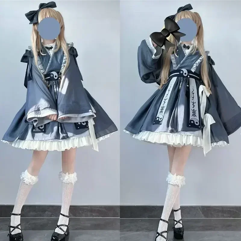 Improve Chinese Style Blue Exorcism Girl Lolita Dress Women Fashion Cospaly Taoist Priest Little Junior Sister Dress Halloween