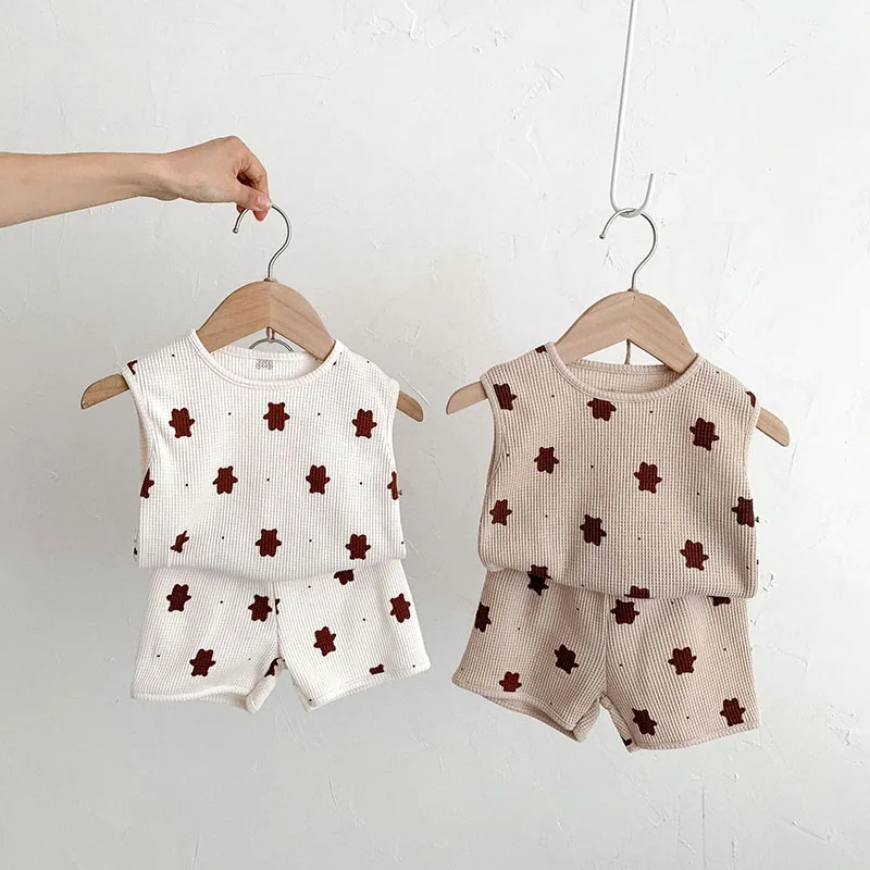 MILANCEL Summer Baby Clothes Suit Waffle Bear Clothing Set Infant Girs Vest And Shorts Baby OIutfit