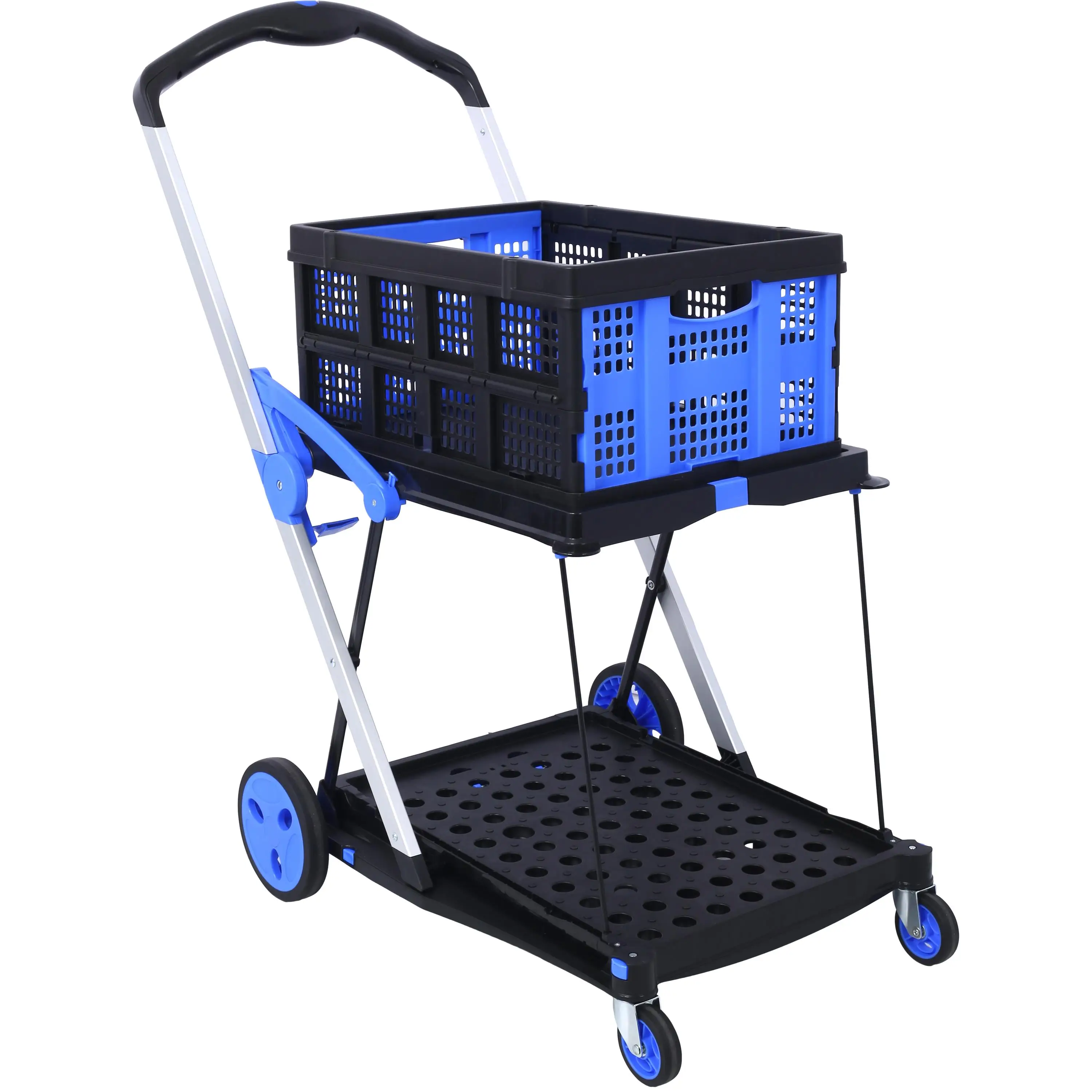 2-Tier Collapsible Utility Cart with Wheels - Multi-Use Shopping Carts with Baskets - Blue Supermarket Cart