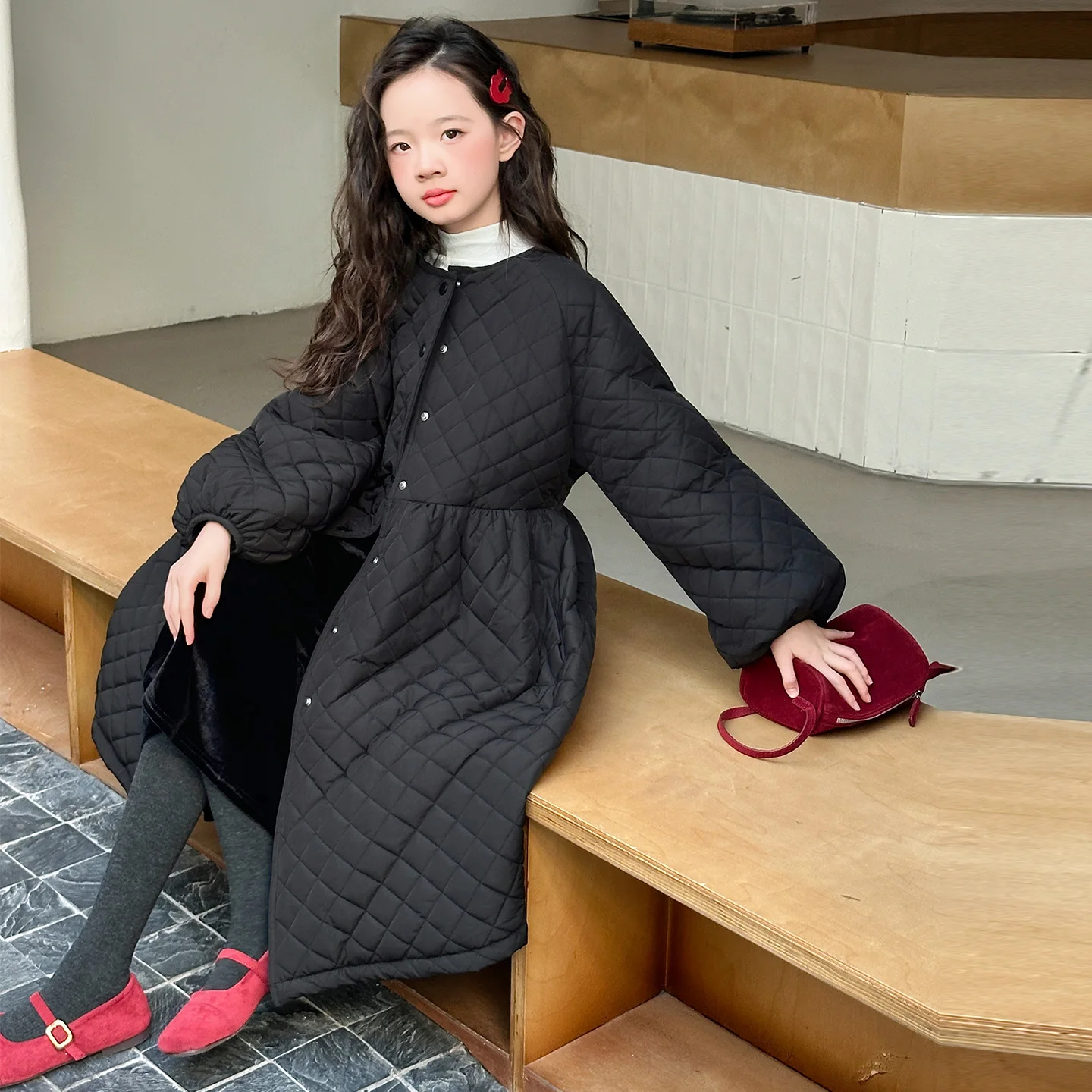 فستان قطني فضفاض وخفيف الوزن بتصميم كلاسيكي متوسط الطول، جاكيت قطني دافئ للفتيات مع مشبك قطني #4