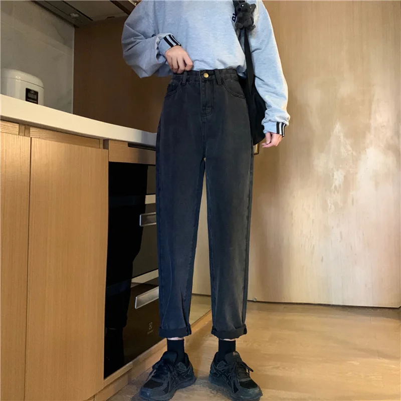 Spring/summer 2023 Female Fashion Solid Pants 9-point Women Straight Jeans Korean Style High Waist Slim Loose Joker Torre Pants