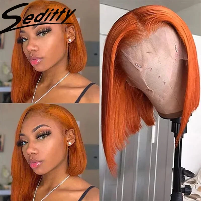 Perruque Bob Lace Front Wig Naturelle Orange, Cheveux Humains, 13 Tages, Densité 200%, 350 #, 14 Pouces, pour Femme