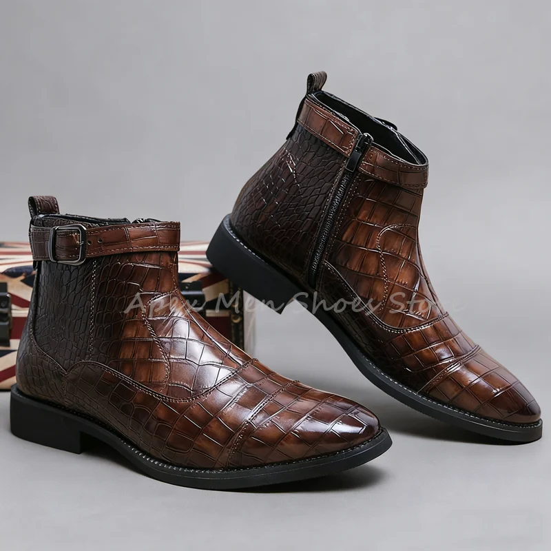 

Brown Crocodile Pattern Chelsea Boots Men's Trendy Genuine Leather Ankle Boots Buckle Side Zipper Casual Formal Dress Shoes