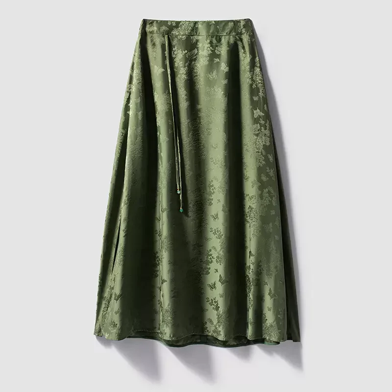 BirdTree, 100%Real Silk Elegant Skirts For Women, High Waist Jacquard, Vintage Chinese Commute Skirt, 2024 Summer Fall B48072QC