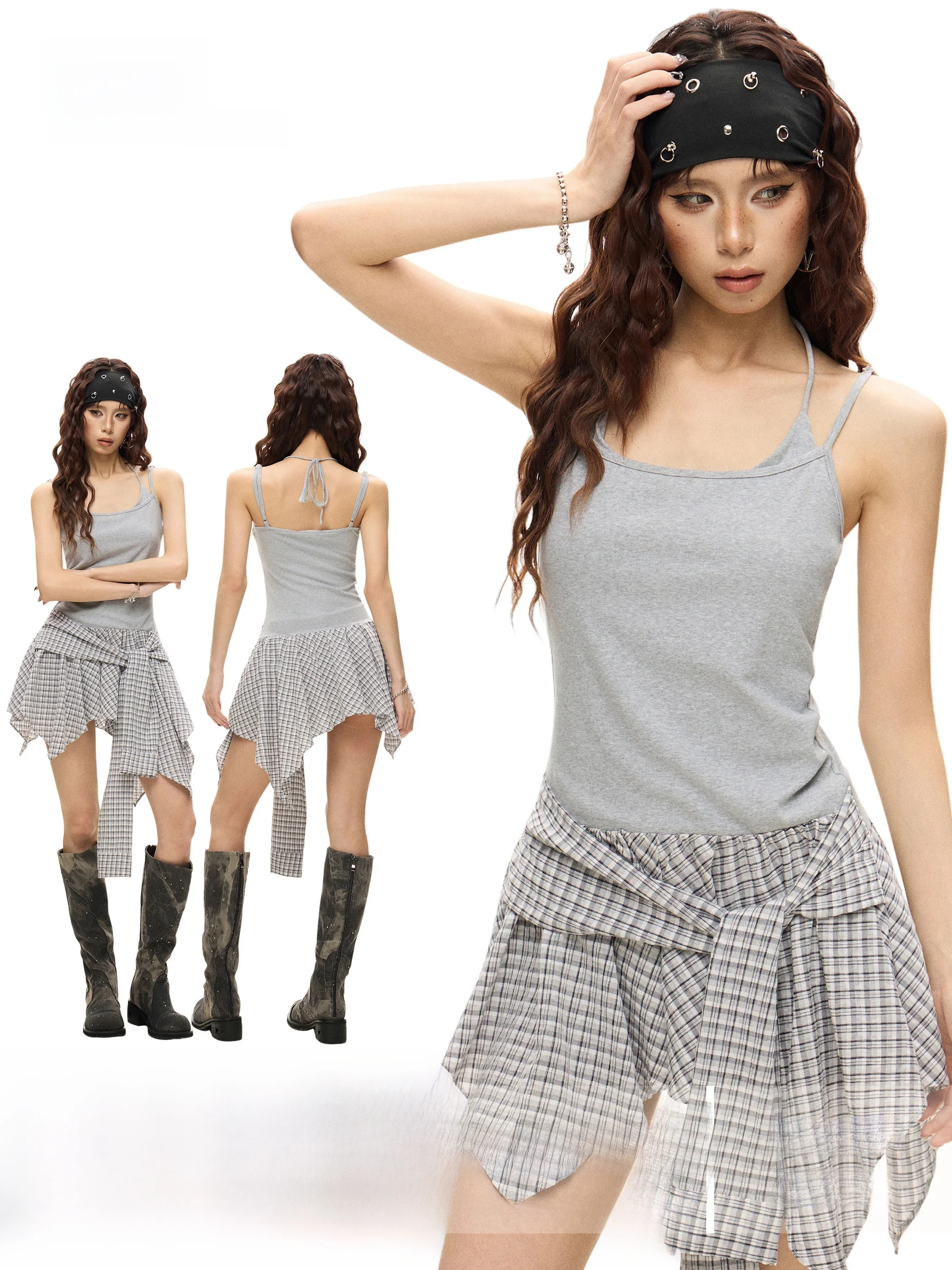 Gray American Hot Girl Halter Neck Vest Dress Women Summer Plaid Slim Design Sensation Sleeveless Top U-neck Chest Pad Inner ...
