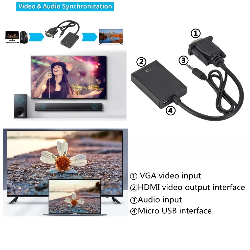 Konwerter kompatybilny z LccKaa 1080P VGA na HDMI Adapter z obsługą Audio do laptopa PC, aby projektor HDTV HDMI-kompatybilny z Adapter VGA