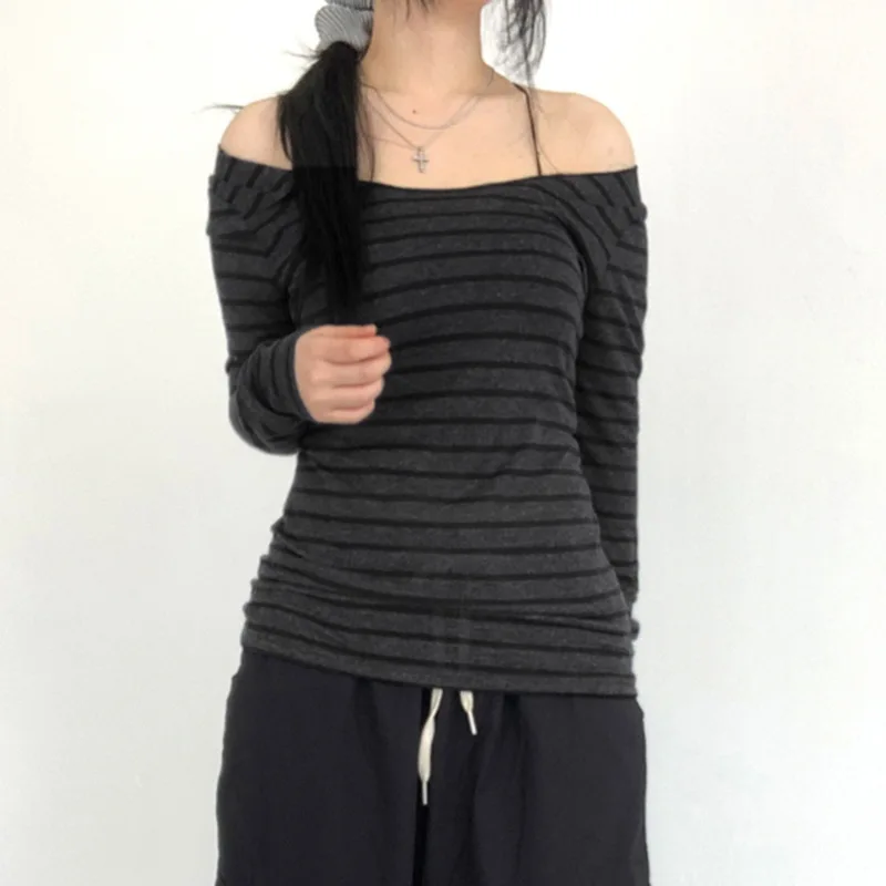 Damen Harajuku Basic Slim Fit Langarm-Streifent-Shirt mit Schulterfreiem O-Ausschnitt im Koreanischen Street-Style Graues T-Shirt für Frühling und Herbst Y2 – Detail 6