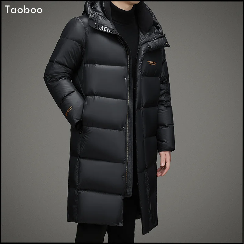 Taoboo-Jaqueta casual masculina com capuz longo, Parkas grossos e quentes, outwear acolchoado masculino, dourado e preto, luxo dos EUA, ganso baixo,