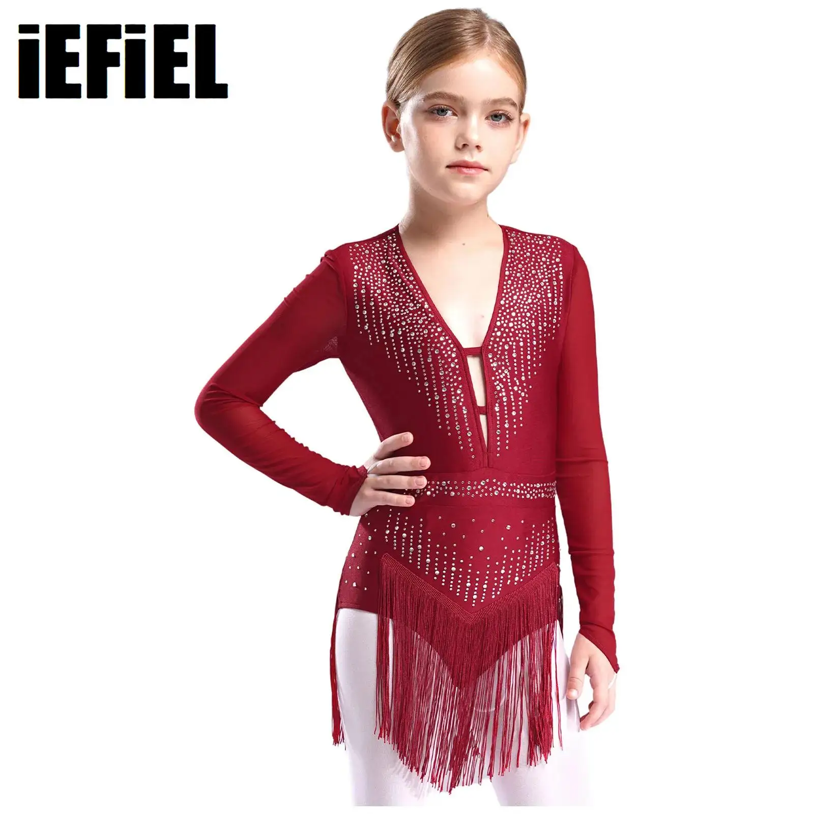 

Kids Girls Tassel Latin Dance Leotard Costume Deep V Neck Long Sleeve Cutout Back Sparkly Rhinestones Fringe Leotard