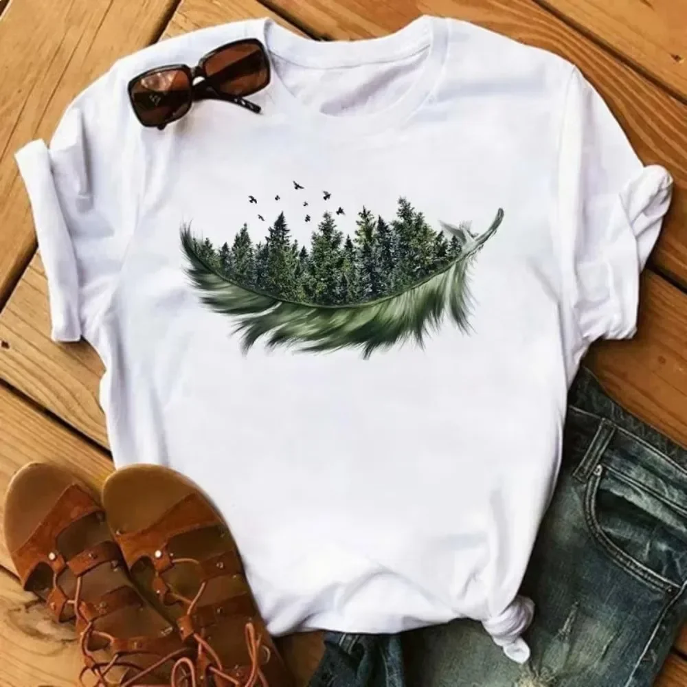 Women New Simple Colorful Butterfly Feather Art Print Short Sleeve Cotton T-Shirt Summer Casual Daily Streetwear Chic Ladies Top