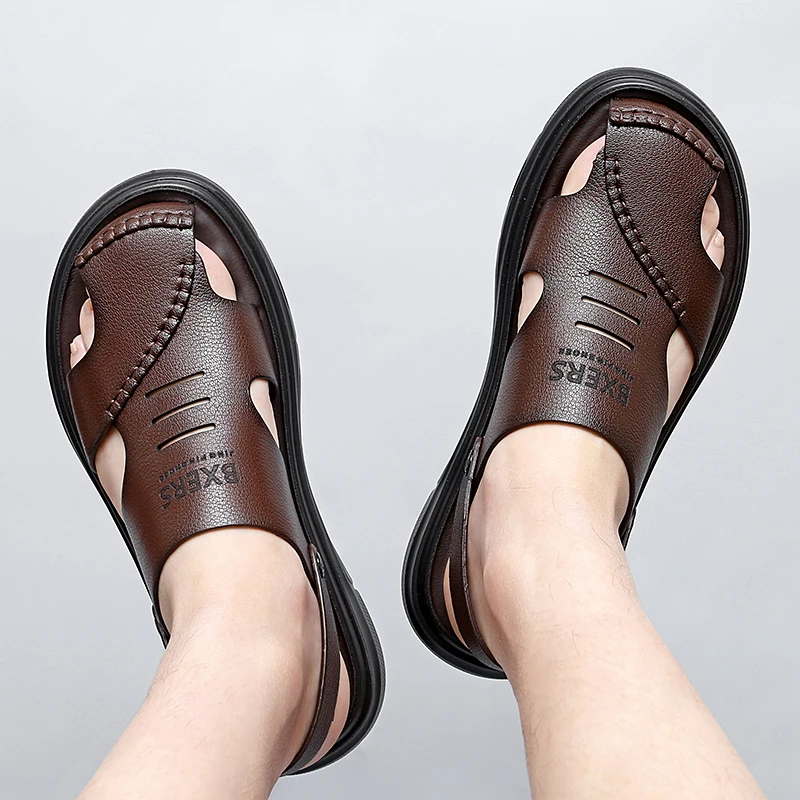 Mens Leather Sandals Summer Classic Mens Slippers Soft Sandals Fashion Casual Comfortable Outdoor Beach Walking Shoes