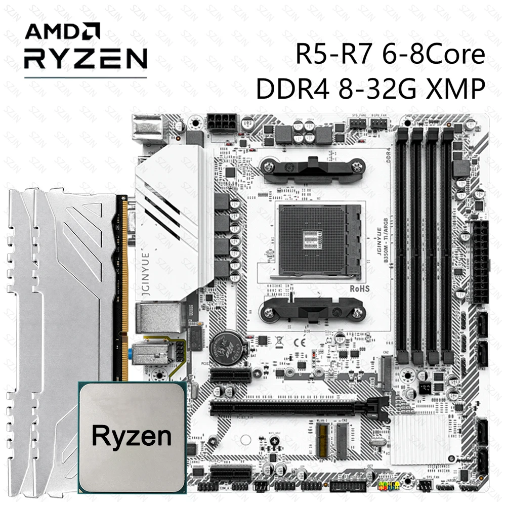 JGINYUE B350M Motherboard Set MATX with Ryzen 1000-3000 DDR4 8-32G Suppoet M.2 NVME PCIE Protocol WIFI ARGB 4x SATA 3.0