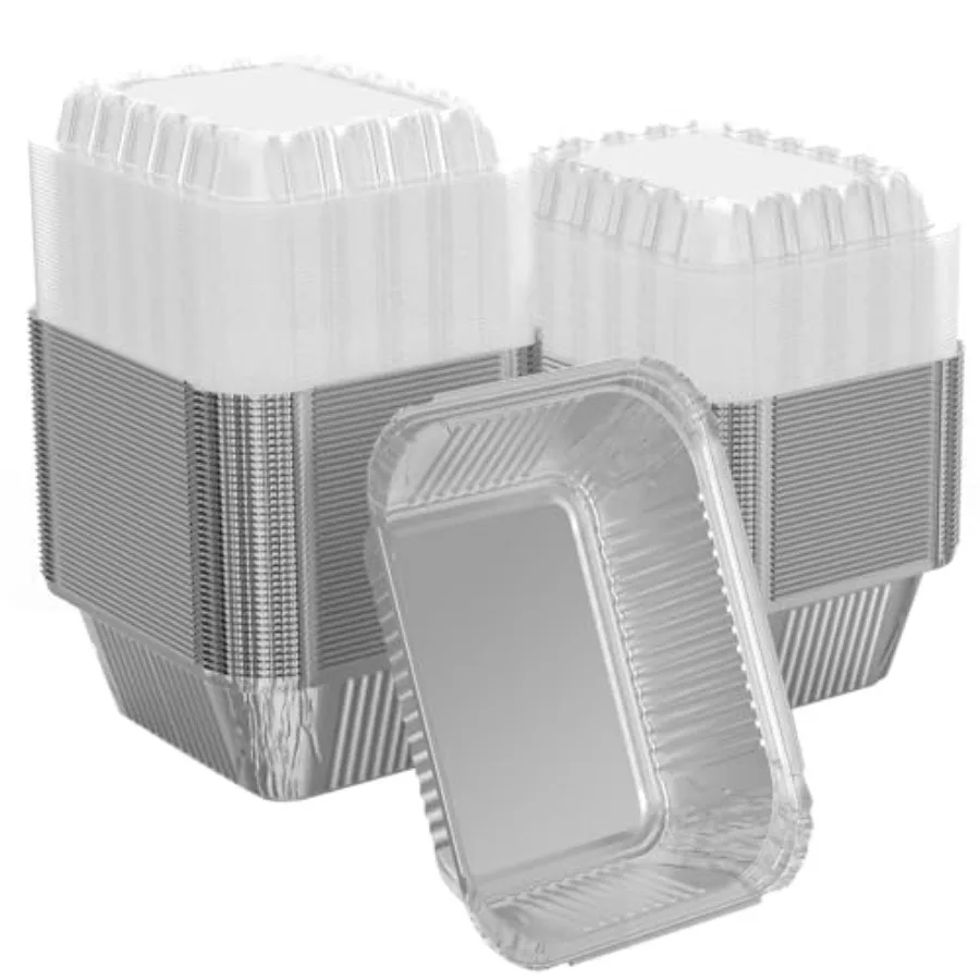 25 Pack Rectangular Disposable Aluminum Foil Pan 6 oz Take Out Food Containers with Clear Plastic Dome Lids, for Catering, Baki