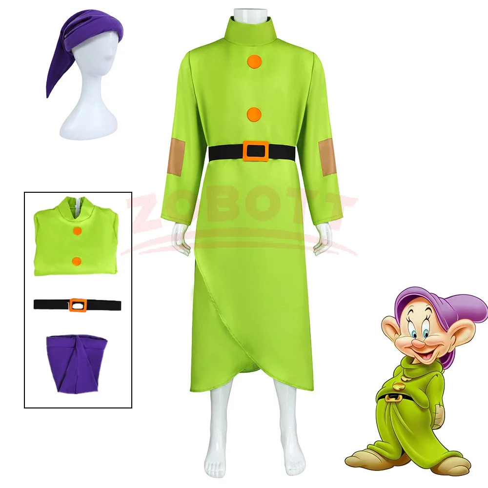 Disfraz de Dopey para hombre adulto, conjunto completo, chaqueta verde con sombrero, disfraz de los siete enanitos para Halloween, carnaval, fiesta temática, actuación en escenario