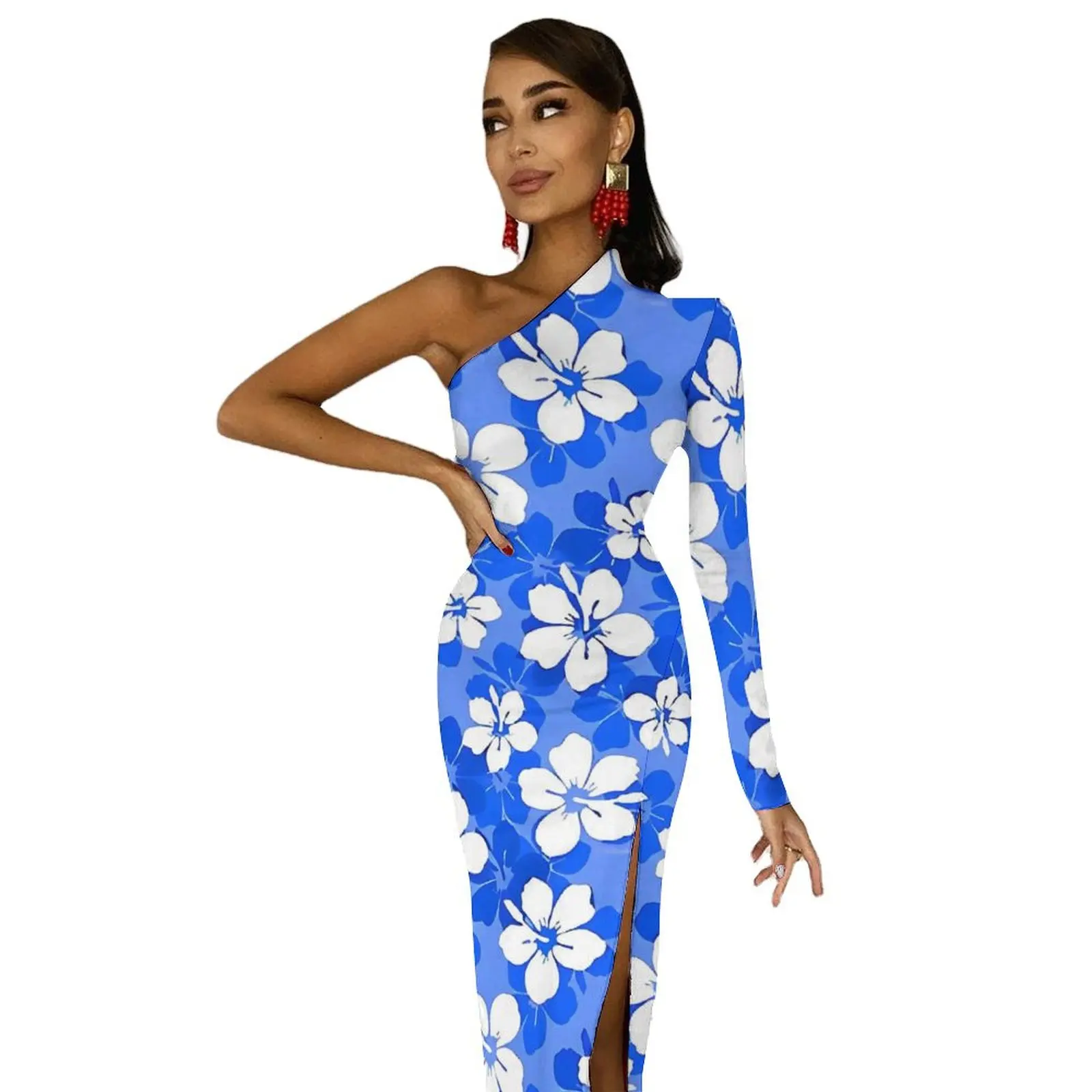 Tropische Blume, figurbetontes Kleid, weiblich, blau und weiß, Hibiskus-Nachtclub, Maxikleid, langärmelig, ästhetische individuelle Kleider, Geschenk