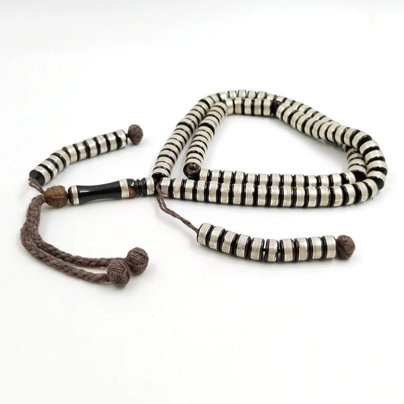 

Tasbih Natrual kuka beads inlay Silver 925 Handmade Collectible Wooden Rosary luxurious misbaha Bracelet muslim eid