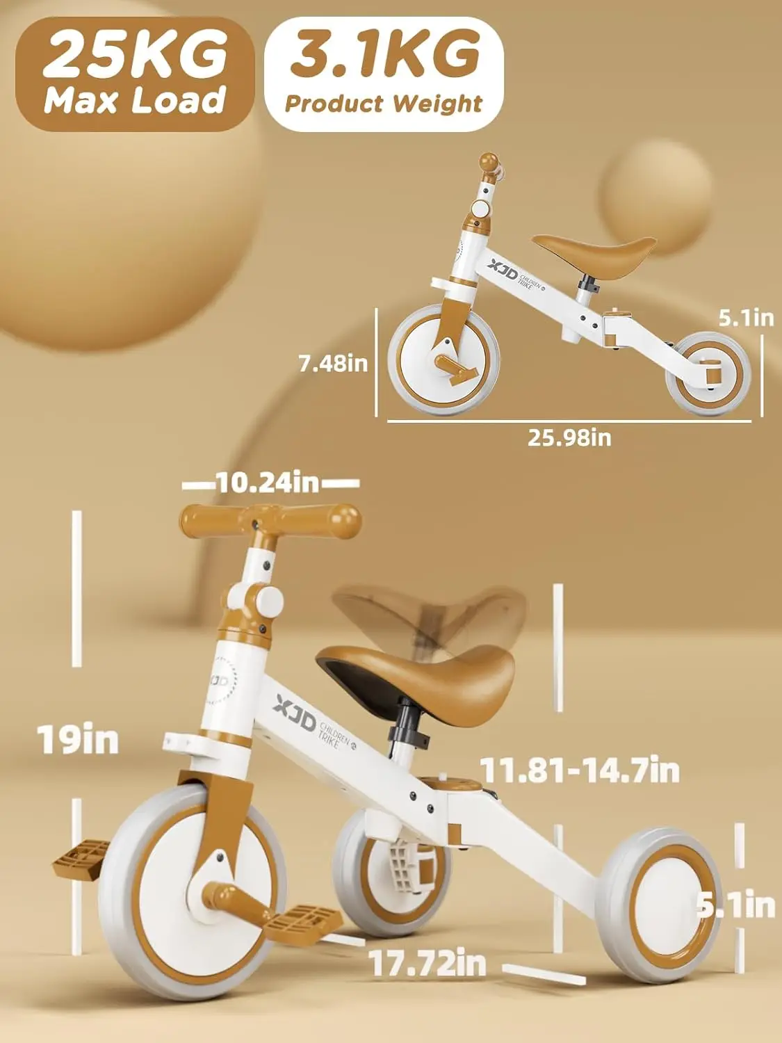 5 in 1 Toddler Bike, Tricycle for Toddlers 1-3 with Adjustable Seat Height, Removable Pedals, Ideal Balance Bike Birthday Gifts