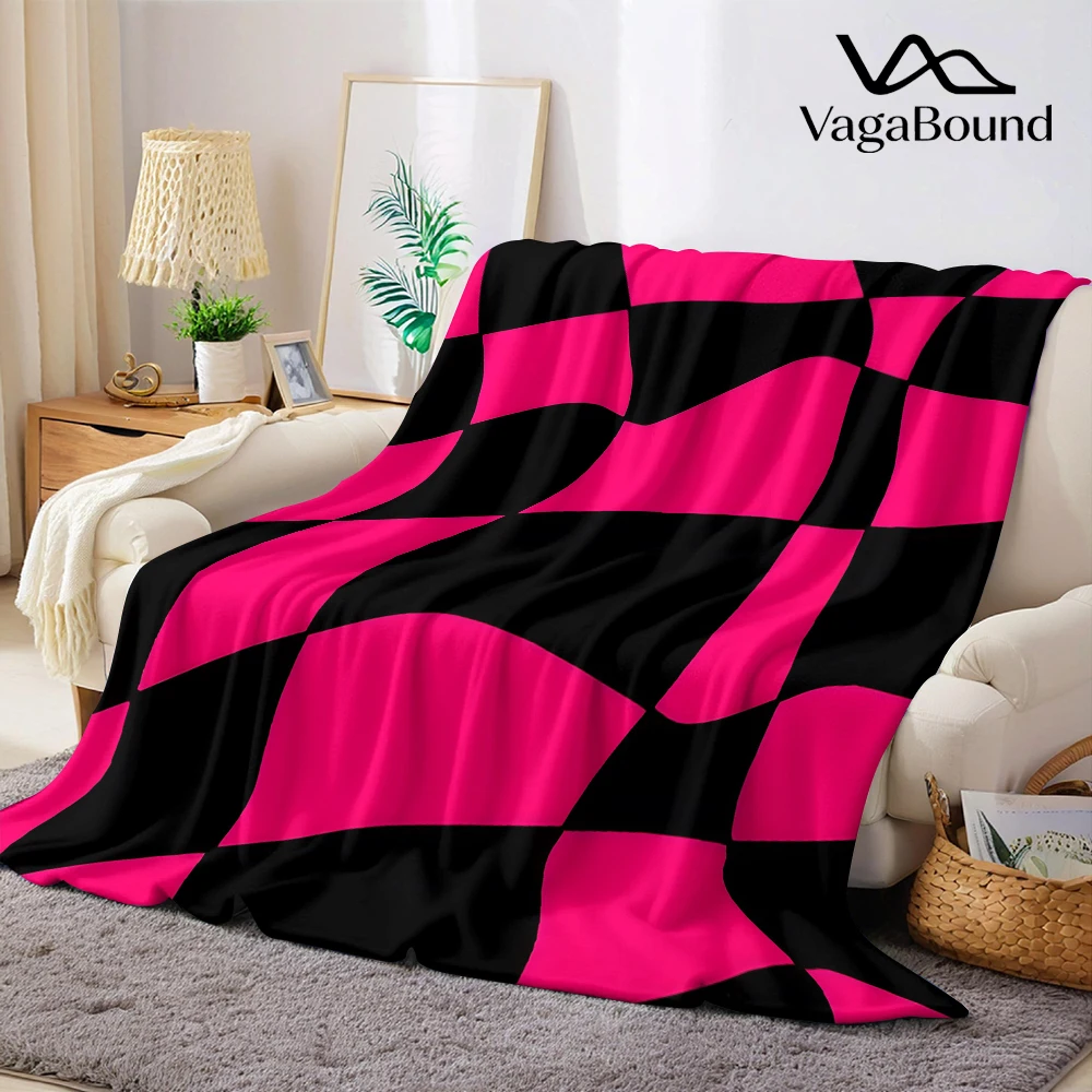 Black Pink Warped Checker Flannel Fleece Throw Blanket for Couch Sofa Lightweight Cozy Plush Blanket for Travel Office Nap