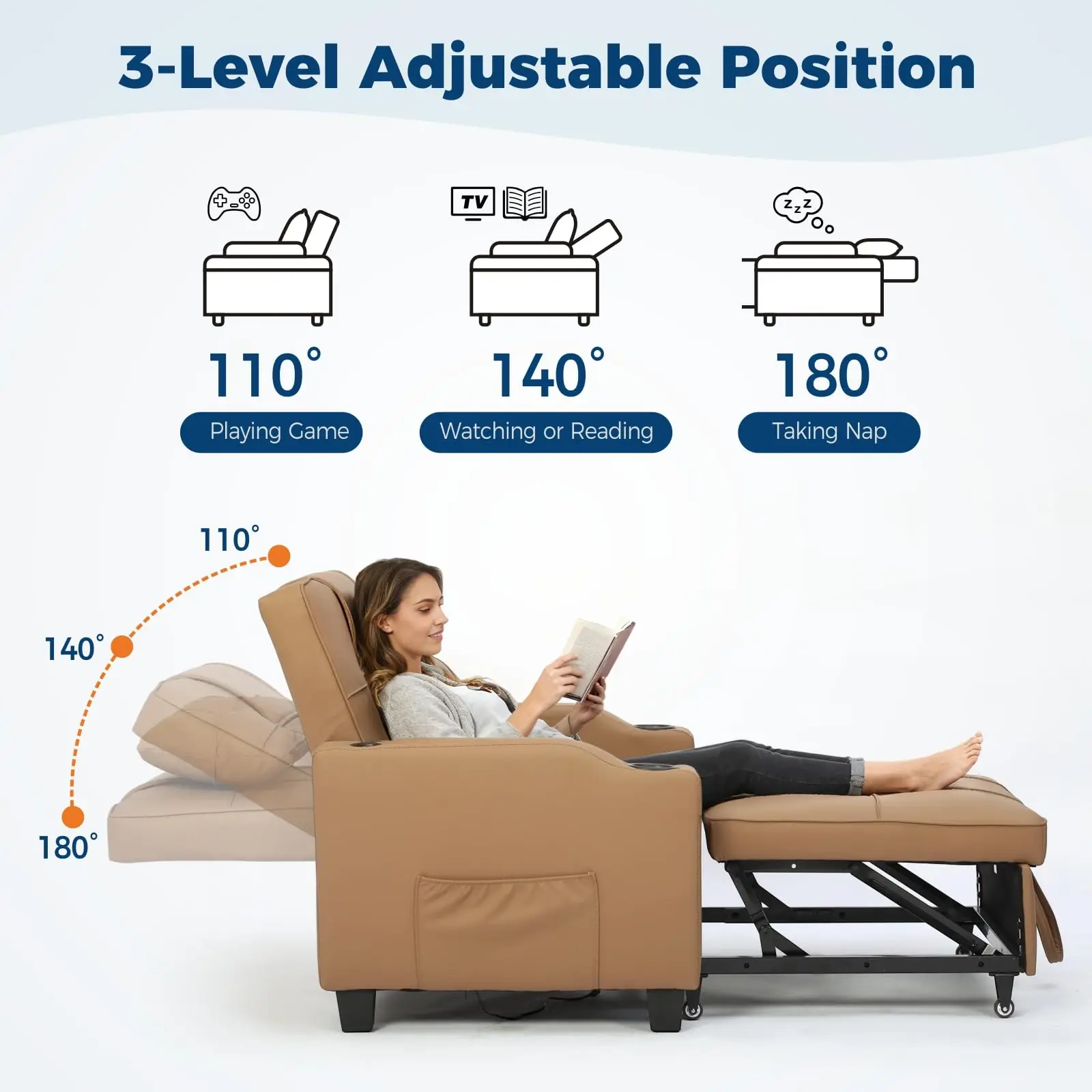 3-in-1 Convertible Sleeper Chair Bed, Modern Pull-Out Sofa with Adjustable Backrest, USB Ports, Cup Holders & Side Pockets, Space-Saving for Living Room, Bedroom, Small Spaces, Brown/Black/Gray image 7