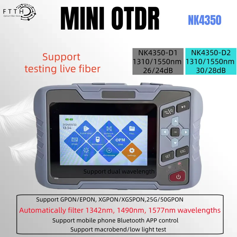 MINI OTDR NK4350 Support Test Live 1310/1550nm active test26/24DB 30/28DB With Event Map OPM VFL Laser source Insertion LossRJ45