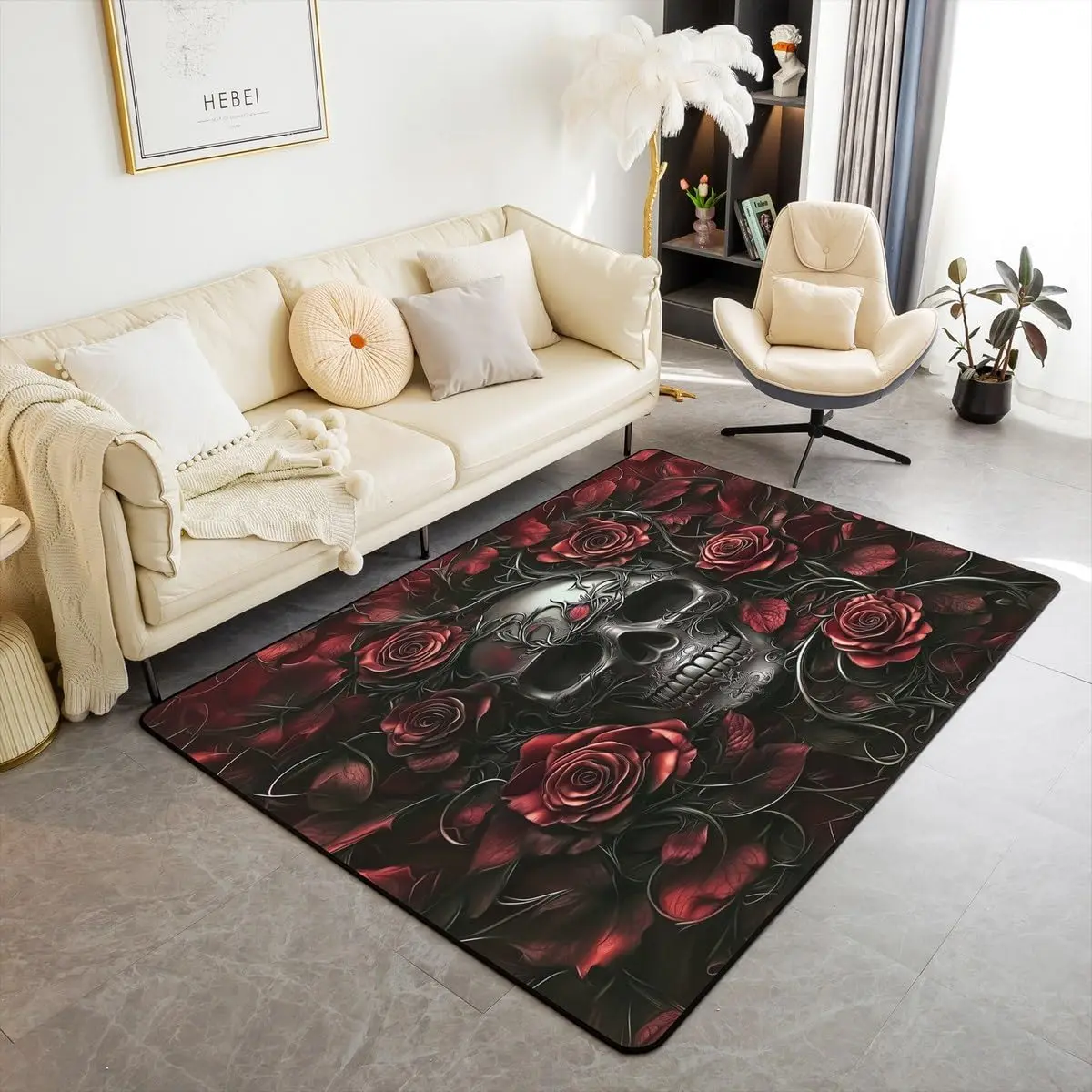 Sugar Skull Area Rug,Red Rose Floral Carpet for Kids Boys Girls Teens Adults,Gothic Skeleton Indoor Floor Mat,Exothic Hippie