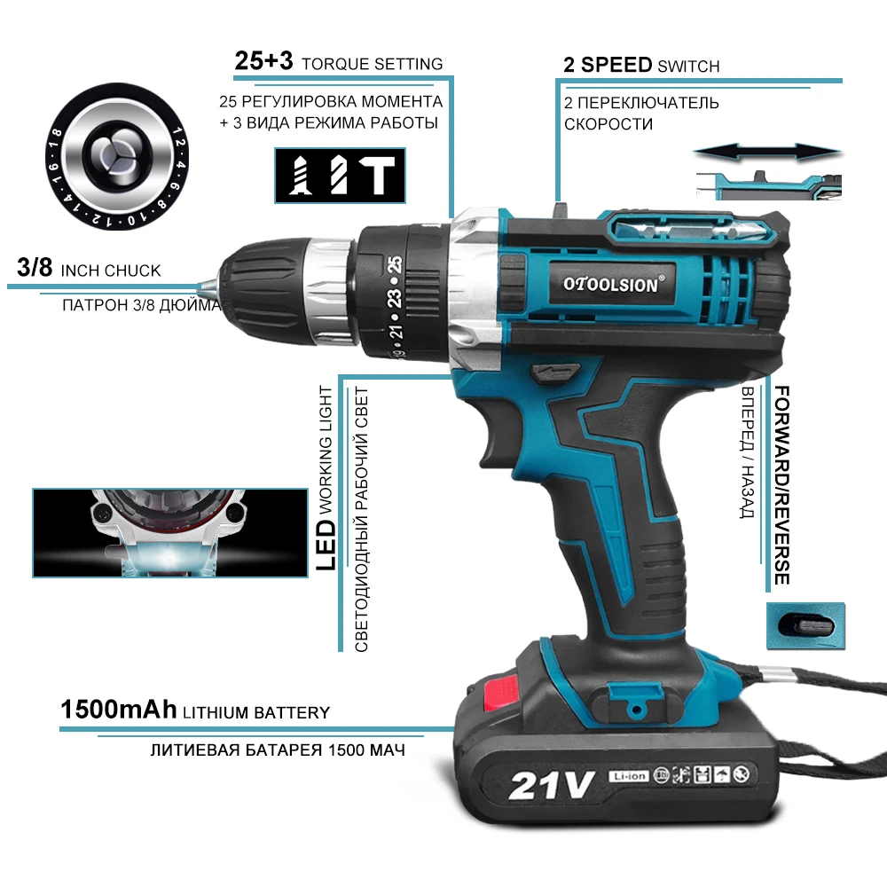 OTOOLSION 21V Impact Electric Drill Variable Speed Cordless Screwdrivers 1.5Ah Cordless Drill with Lithium Battery